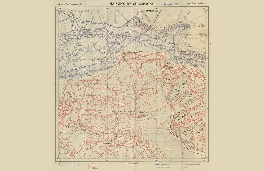 Carte représentant les tranchées du secteur « Maisons de Champagne » Groupe des canevas de tir, 06 janvier 1918 Musée de la Grande Guerre - Meaux, 3-0007T