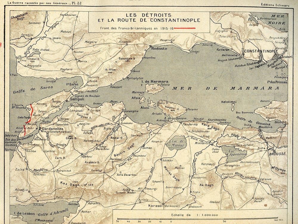 Carte du front sur la péninsule de Gallipoli (à gauche)