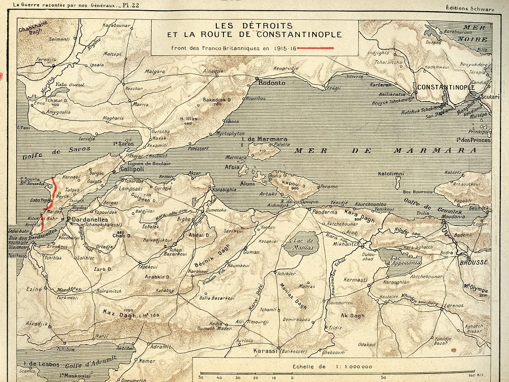 Carte du front sur la péninsule de Gallipoli (à gauche)